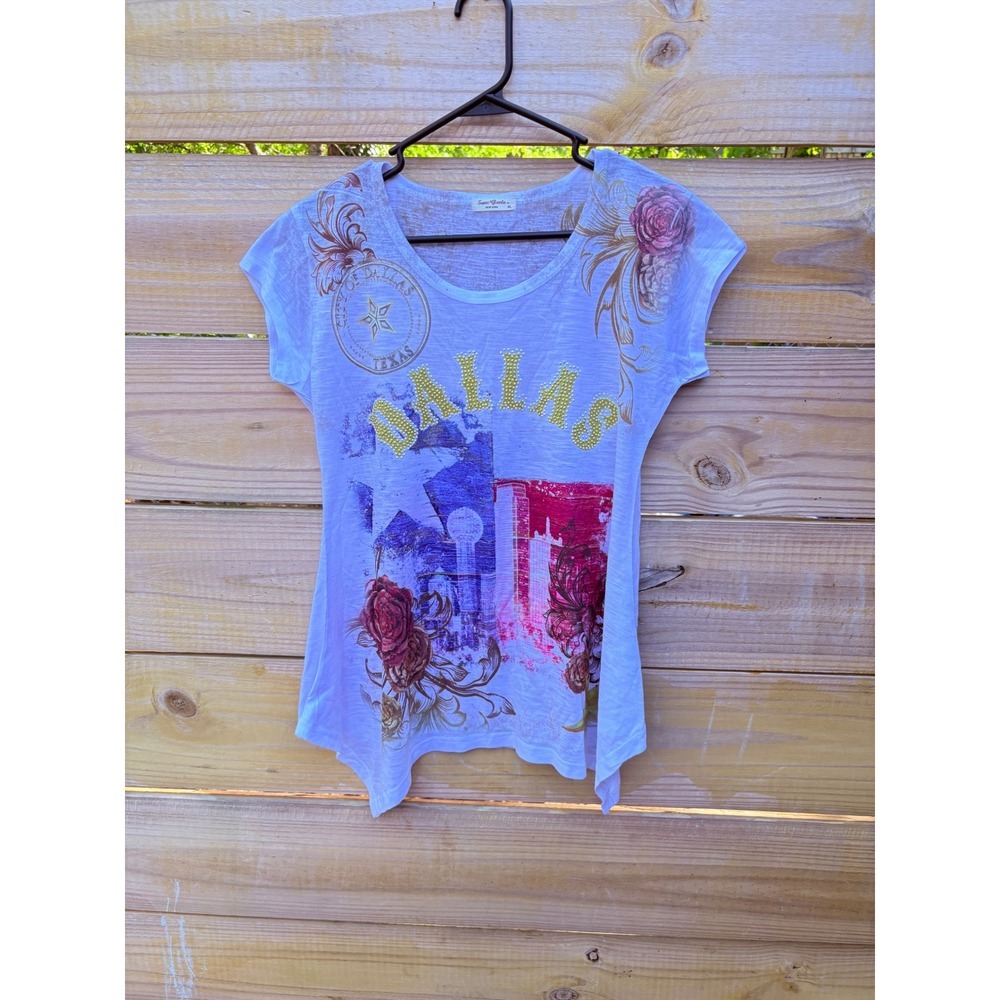 Sweet Gisele Dallas Texas Rhinestone Graphic Tee White Multi XL Burnout Shirt